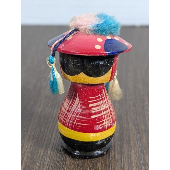 VTG Japanese Kokeshi Bobble Head Wooden Dolls Figures Red Blue 3 Inches Set Of 2 - Picture 8 of 10